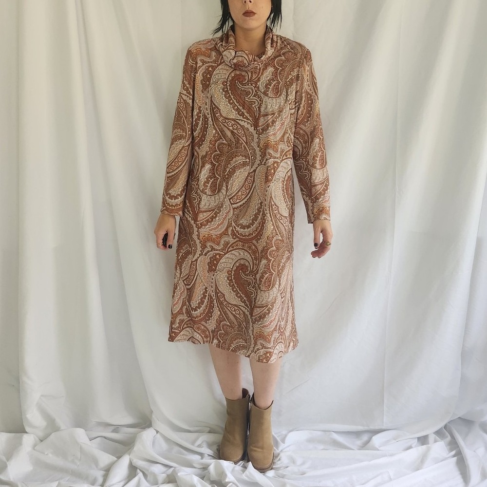 60s/70s‎ Brown and Gold Paisley Midi Dress